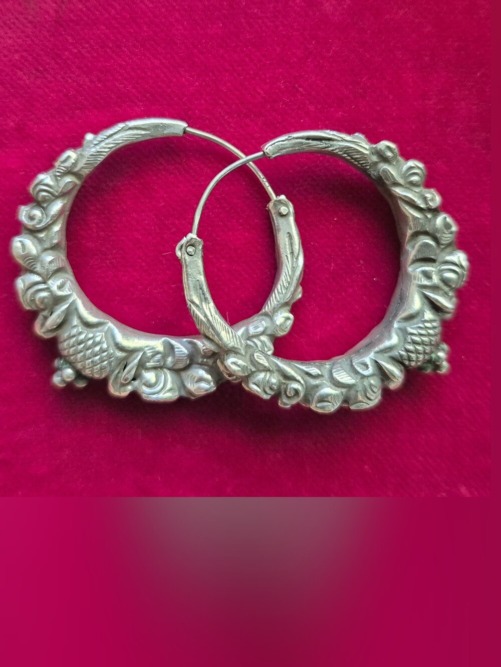 Vintage 925 Sterling Silver Ornate Floral Chunky Hoop Earrings 1.5" Boho Chic